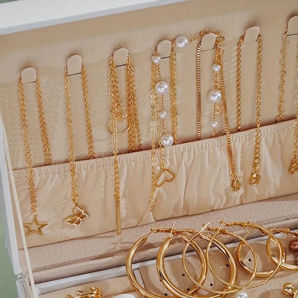 56pc golden Jewelry Set Necklaces, Rings, Faux Pearl Decor Hoop & Studs Earring - Picture 3 of 10